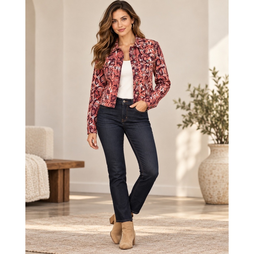 Venus Pink Snakeskin Print Denim Trucker Jacket Womens Medium Burgundy Animal